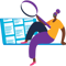 Cartoon woman sitting on laptop with magnifying glass